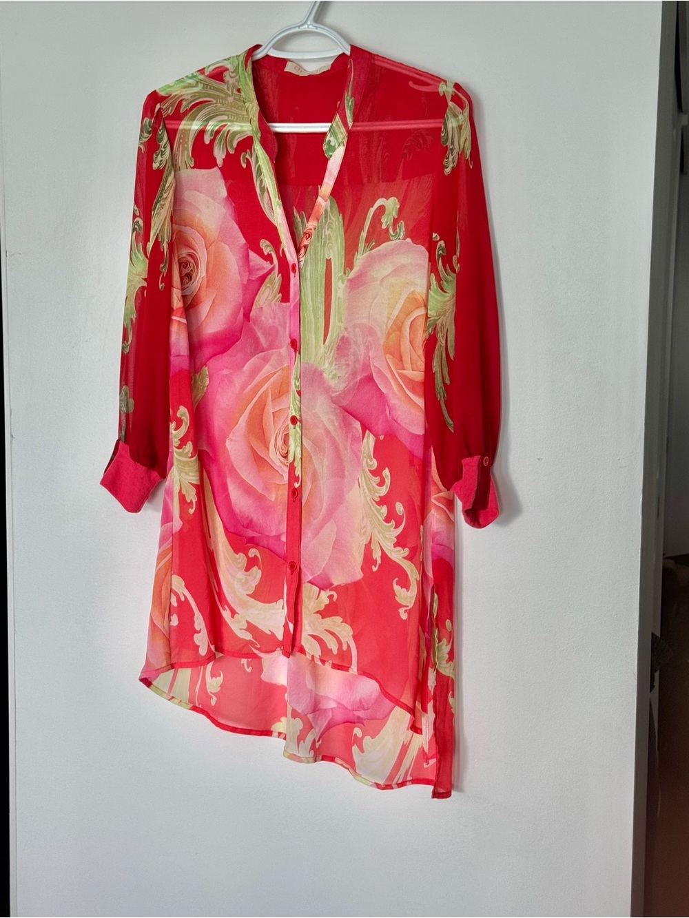 Orange fashion village Sheer Floral Button-Front Tunic Top - Red & Pink